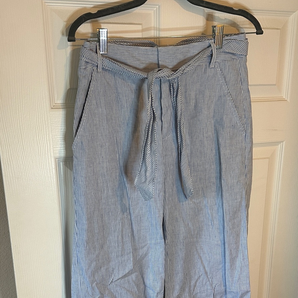 Light Blue Pinstripe Trousers with Waist Tie